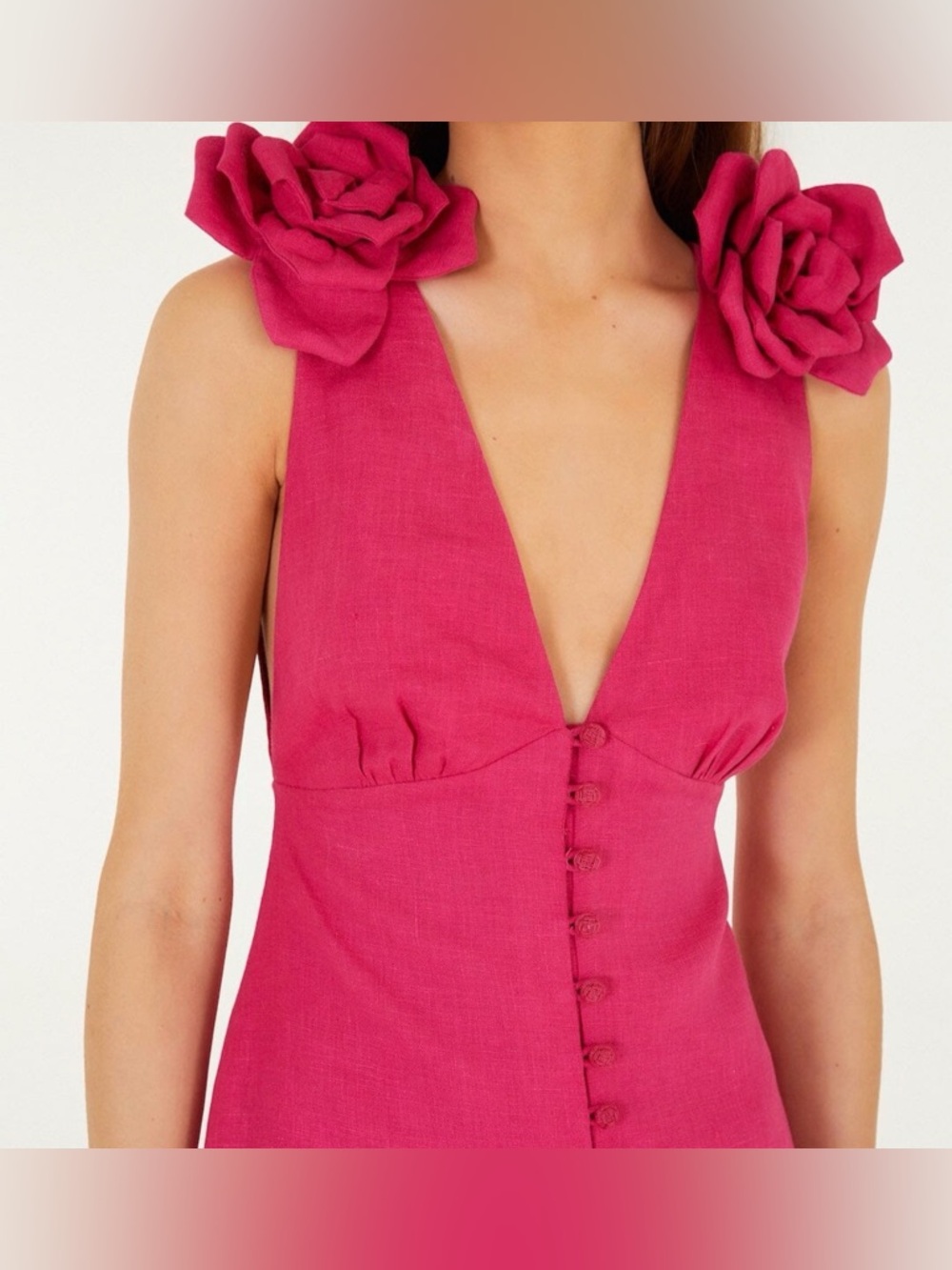 FARM Rio Hot Pink Floral-Shoulder Linen Dress - Picture 6 of 14